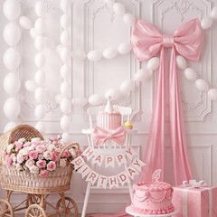 Giant Pink Bow with 100 Pcs White Link Balloons, 31 x 181 Inch Large Ice Silk
