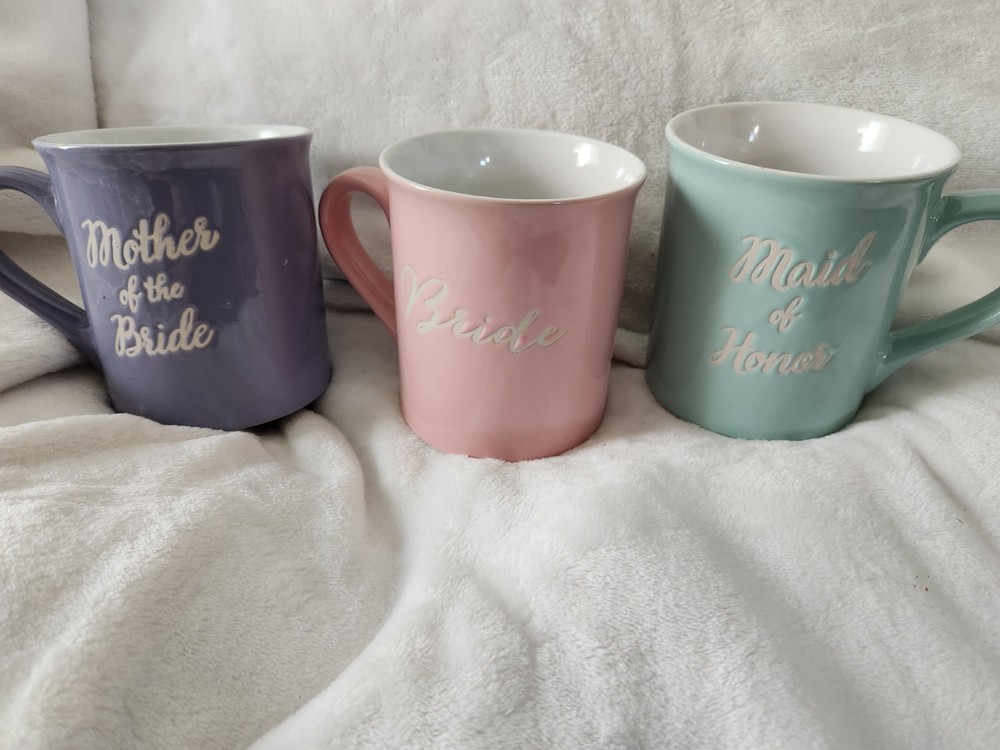 Bridal Party Mugs Set of 3 Ceramic Coffee Cups with Handles EUC