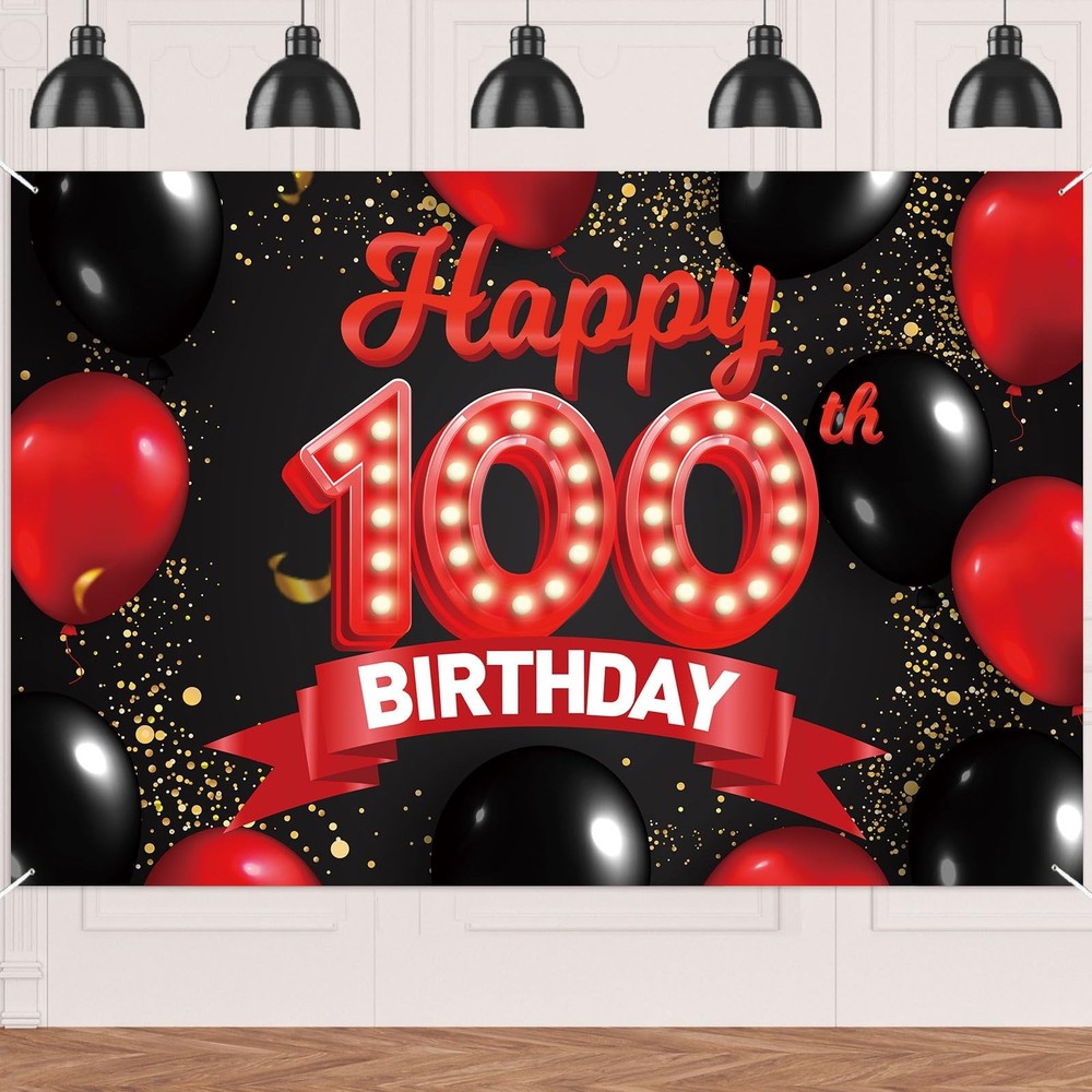 Happy 100th Birthday Red and Black Banner Backdrop Decorations Balloons Theme…