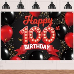 Happy 100th Birthday Red and Black Banner Backdrop Decorations Balloons Theme…