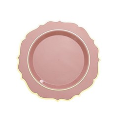 30 DUSTY ROSE 10.5″ Round Plastic Dinner Plates GOLD Scalloped Rim Events