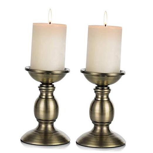 2 Pcs Iron Pillar Candle Holders, Most Ideal for 3″ Pillar Candle, 2 x S Bronze