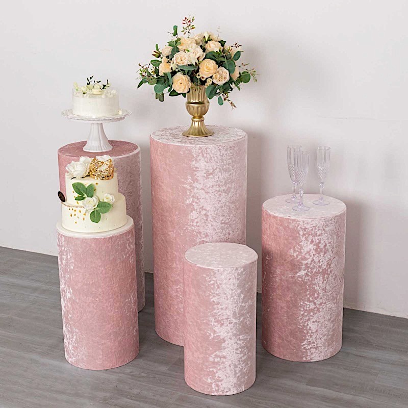 5 BLUSH Crushed Velvet Cylinder Display STAND COVERS Set Party Decorations