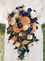 Orange Peach Navy Blue Bridal Bouquet Sola Wood Cascading Fall Wedding Flowers