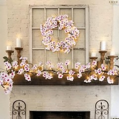 Lighted Cherry Blossom Garland with Timer 48 LED Fairy Lights 6FT for Mantle,