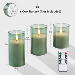 Green Glass Flameless Candles with Remote and Timer, Real Wax Olive Green