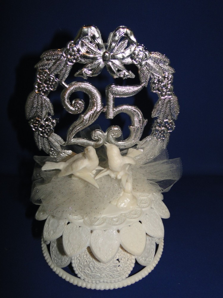 New Elegant 25th Wedding Anniversary Caketop with Love Doves & #25 Decor, #69