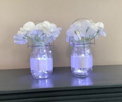 lighted hanging mason jar with hydrangea stem set of 2……you pick color of ribbon