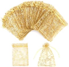 100x Gold Sheer Organza Bags 4×5 Inch Mesh Jewelry Favor Drawstring Gifts Bags