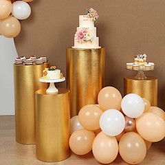 5 GOLD Fitted Metallic Spandex Cylinder Display STAND COVER Set Party Events