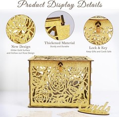 Glittery Gold Wedding Card Box with Lock Wooden Gift Card Box for Wedding Rec…