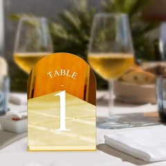 Arch Wedding Table Numbers 1-20 with Stands – 5″ X 7″ Acrylic Mirrored Gold T…