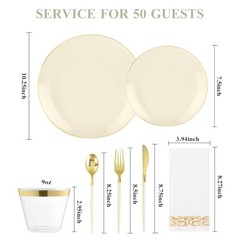 3PCS lvory Plastic Dinnerware Set – lvory and Gold Rim – Disposable 50 Ivory