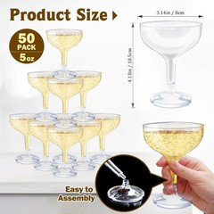 50 Pcs Plastic Champagne Coupe Glasses for Parties, 5 oz 50 Pack, Clear