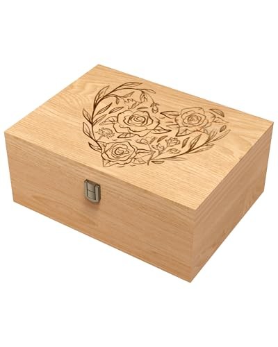 Wooden Memory Keepsake Box, Floral Heart Engraved 9.8″L x 7.8″W x 4.1″H Yellow