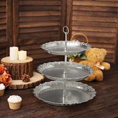 15″ Metallic Silver 3 Tier Plastic Cupcake Stand Round Tower Lace Cut Trim Party
