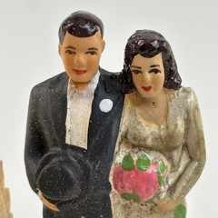 1950’s Wedding Cake Topper Bride & Groom Chalkware Millinery Flowers 6″ w/Box