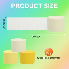 3Roll 1.8″x72FT Crepe Paper Streamers Decorations Yellow/Light Yellow/White