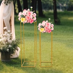 2Pcs Gold Flower Rack Metal Geometric Column Stand Wedding Backdrop Decor