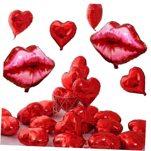 14pcs Red Lips Heart Mylar Balloons, 18inch Red Heart Balloons 30inch Large