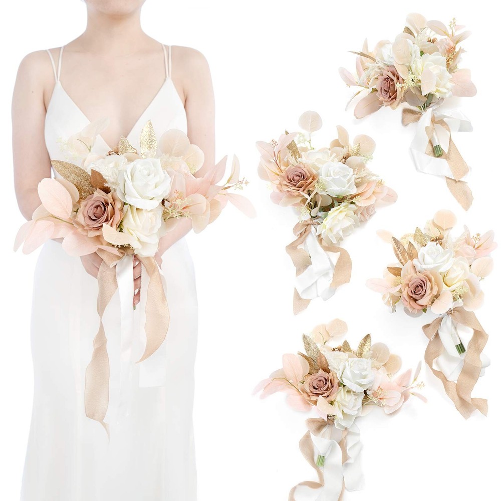 Ling’s Moment Boho Bridesmaid Bouquet Set of 4, Beige and White Wedding Bouqu…