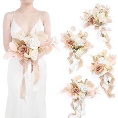 Ling’s Moment Boho Bridesmaid Bouquet Set of 4, Beige and White Wedding Bouqu…