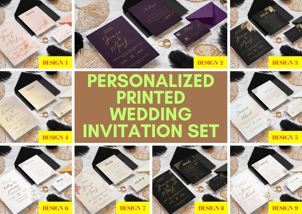 Custom Printed Wedding Invitation Set with RSVP Card & Detail Card with Envelope