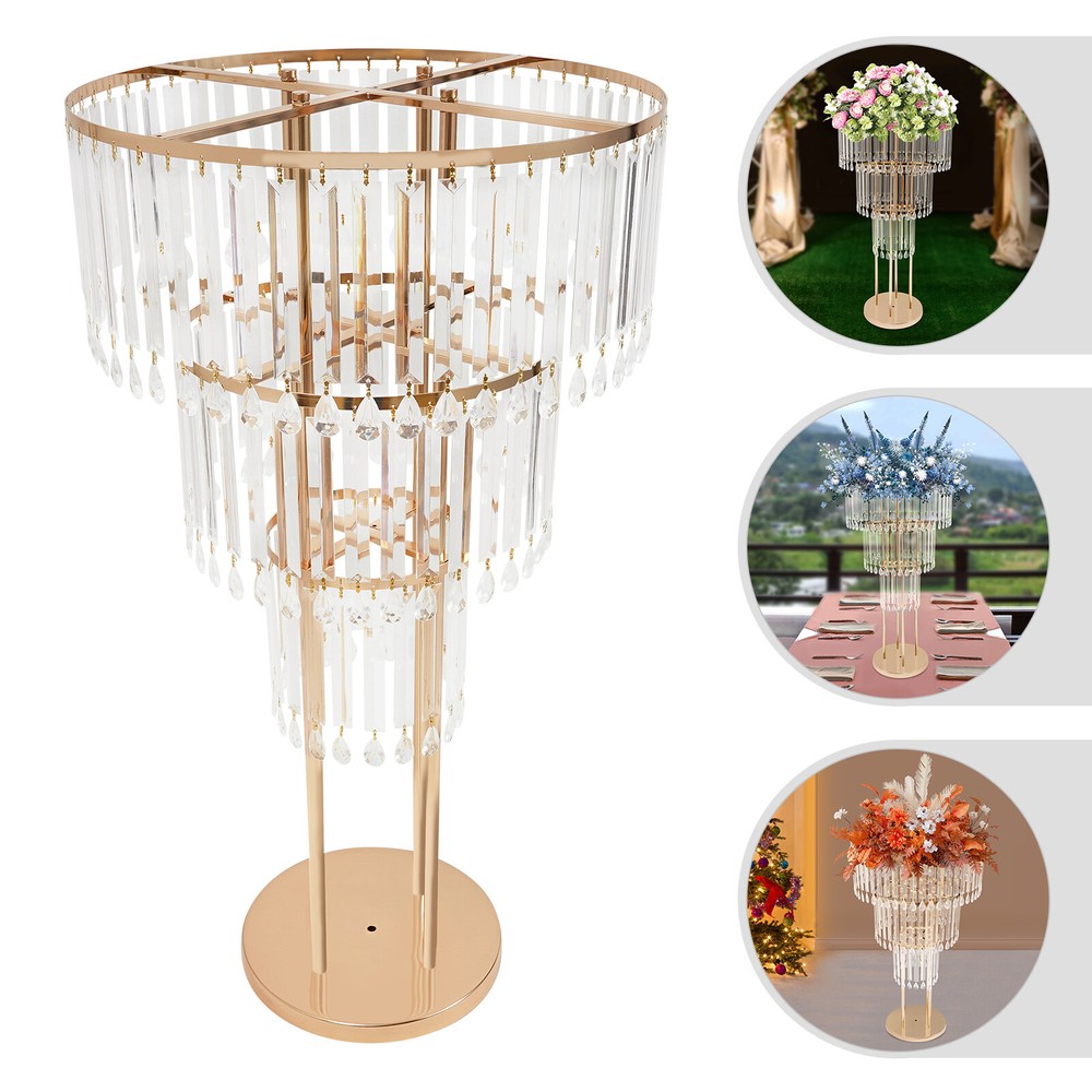 Wedding Crystal Flower Stand 3-Tier Gold Iron Acrylic 19.69×38.58in