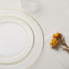 50 CLEAR 7.5″ Round Salad PLATES Hammered GOLD Trim Party Wedding Supplies