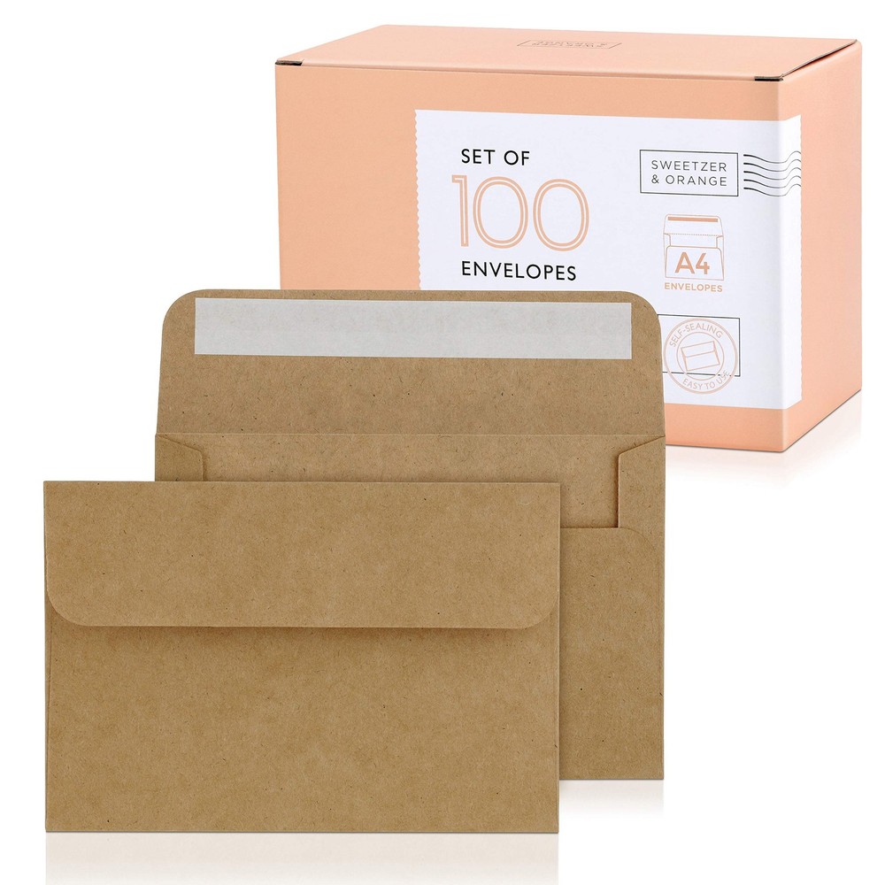 Sweetzer & Orange A4 Brown Self Seal Envelopes, 100 Pack, 4×6 100, Kraft