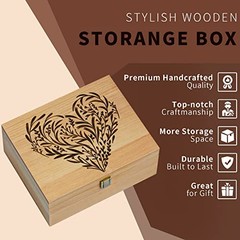 Wooden Memory Keepsake Box, Floral Heart Engraved 9.8″L x 7.8″W x 4.1″H Khaki