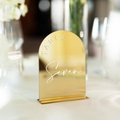 Gold Mirror Arched Wedding Table Number 1-10, 5″x7″,