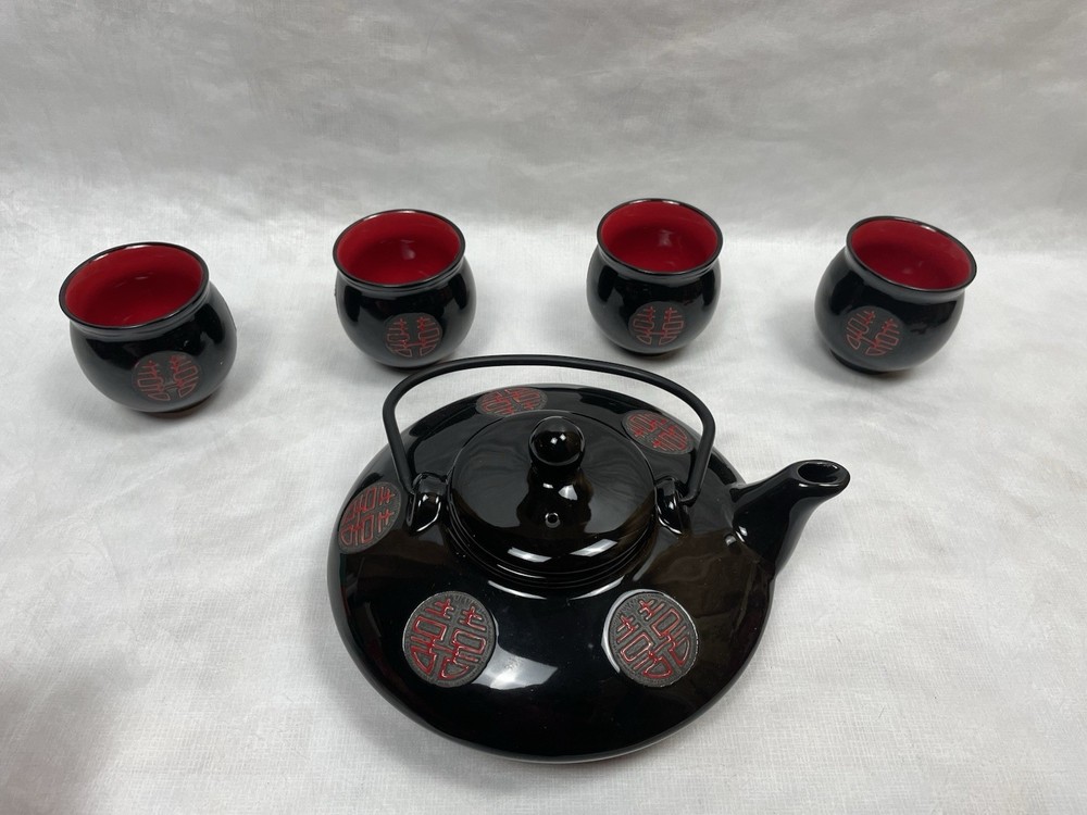 New Black Glossy Chinese Wedding Tea Set Double Happiness 囍 Teapot + 4 Cups