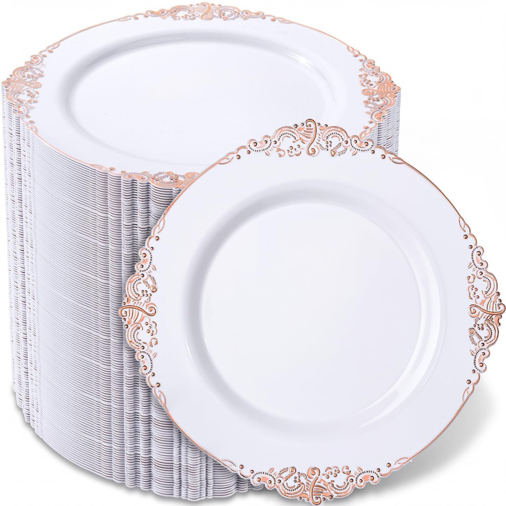 Morejoy 100pcs Rose Gold Plastic Plates – Rose Gold Disposable Plates – 7.5 i…