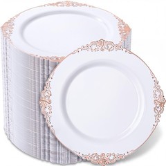 Morejoy 100pcs Rose Gold Plastic Plates – Rose Gold Disposable Plates – 7.5 i…