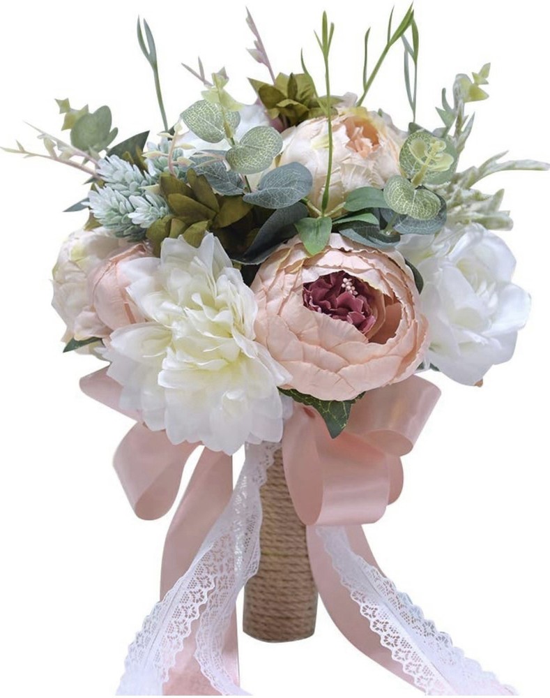 Artificial Flower Bridal Bouquet With White, Champagne, Pink Silk Flower Bouquet