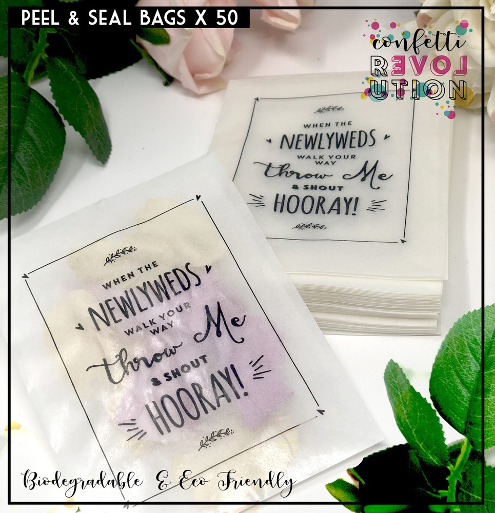 Newlywed Confetti Glassine bags Confetti ,wedding, throw me, peel & Seal x 100
