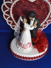 New Medium Dark skin Bride & Groom Wedding Cake Top, red decor & heart, #329