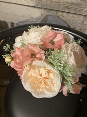 wedding bouquet bridal artificial silk flowers. Peach/Cream and Pink.