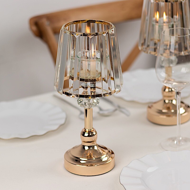 2 GOLD CLEAR Metal Votive CANDLE HOLDERS Crystal Glass Lamp Shade Party Events