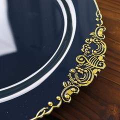 10 NAVY BLUE GOLD 10″ Round Plastic Salad Dinner PLATES Embossed Baroque Rim