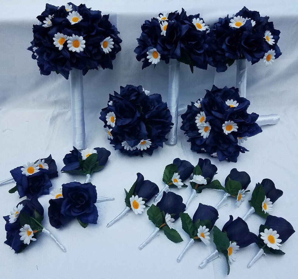 18 Pc. Wedding Bouquet Package, Navy Blue Roses, White Daisies, Wedding Bouquet