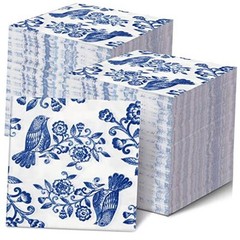 200 Pcs Blue Floral Napkins Blue White Disposable Dinner Napkins 10 x 10 Inch