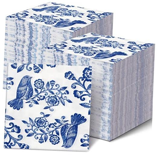 200 Pcs Blue Floral Napkins Blue White Disposable Dinner Napkins 10 x 10 Inch