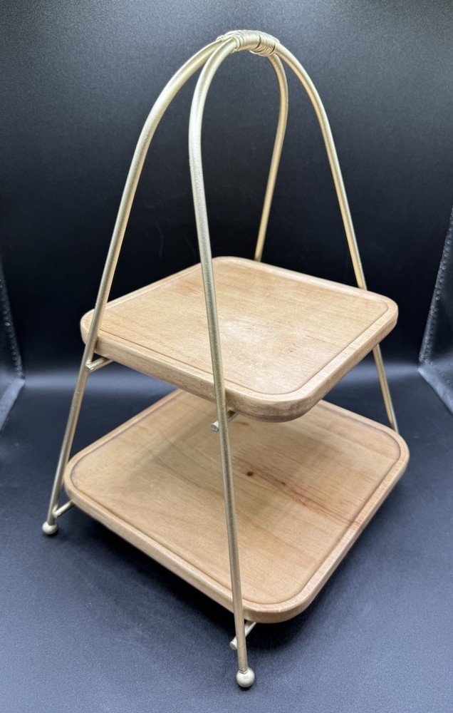 Two Tier Tray Cupcake Holder Display Natural Wood Gold Metal Kitchen Table Decor