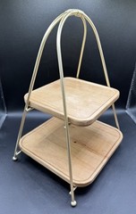 Two Tier Tray Cupcake Holder Display Natural Wood Gold Metal Kitchen Table Decor