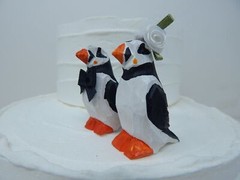 Puffin Cake Top Bride Groom Love Bird Winter Wedding Engage Carve Wood Statue
