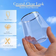 48 Pack Plastic Glasses – 24 x 9oz Stemless Champagne Flutes & Gold Rim Diamond