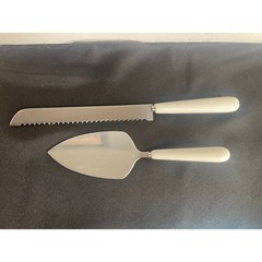 Cain Co Cake Knife Server Set Stainless Steel White Handle Serrated Bread Knife