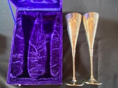 Silver Plated Champagne Flutes X 2, Purple Velvet Box